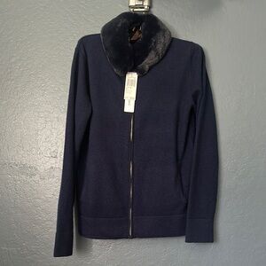 The cashmere project Navy zip up Sweater with Faux Fur Collar